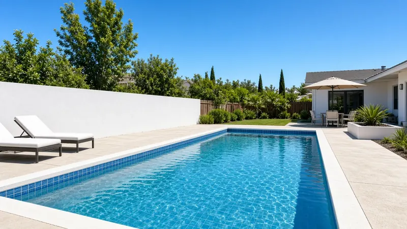 A rectangular pool with a bright white plaster interior, clear blue water and a blue tile waterline on a sunny day